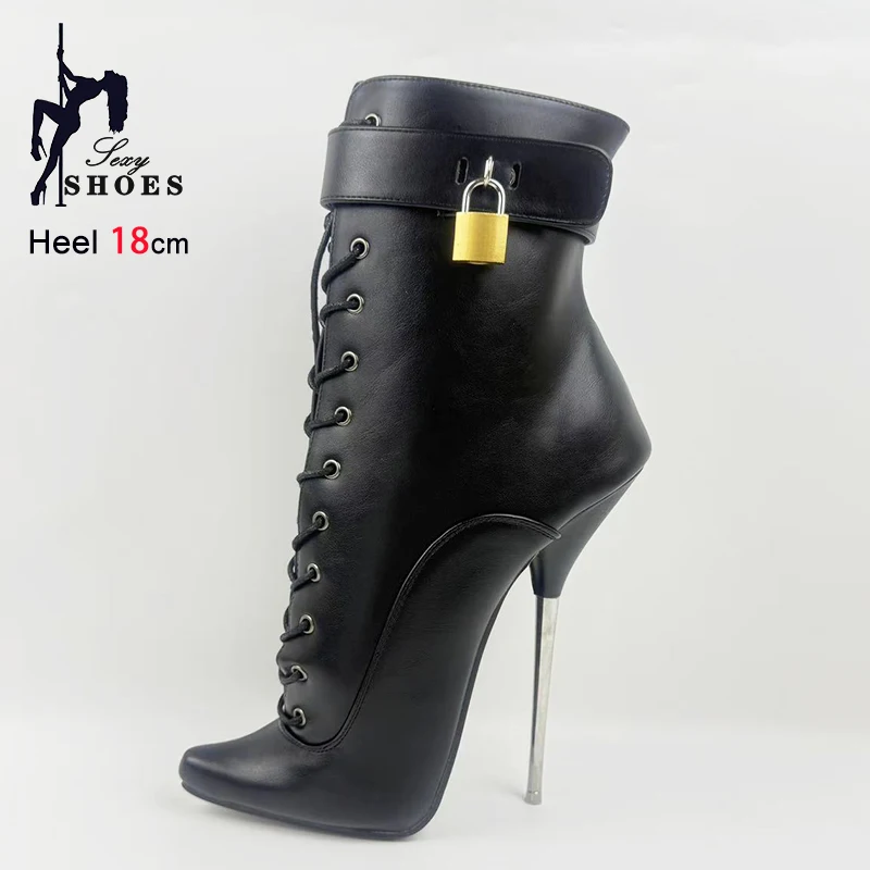 Extreme high heel 7'' Women Sexy Ballet Boots Ankle Lockable Matte PU leather Party Shoes Female Metal heel Pointed Short Boots