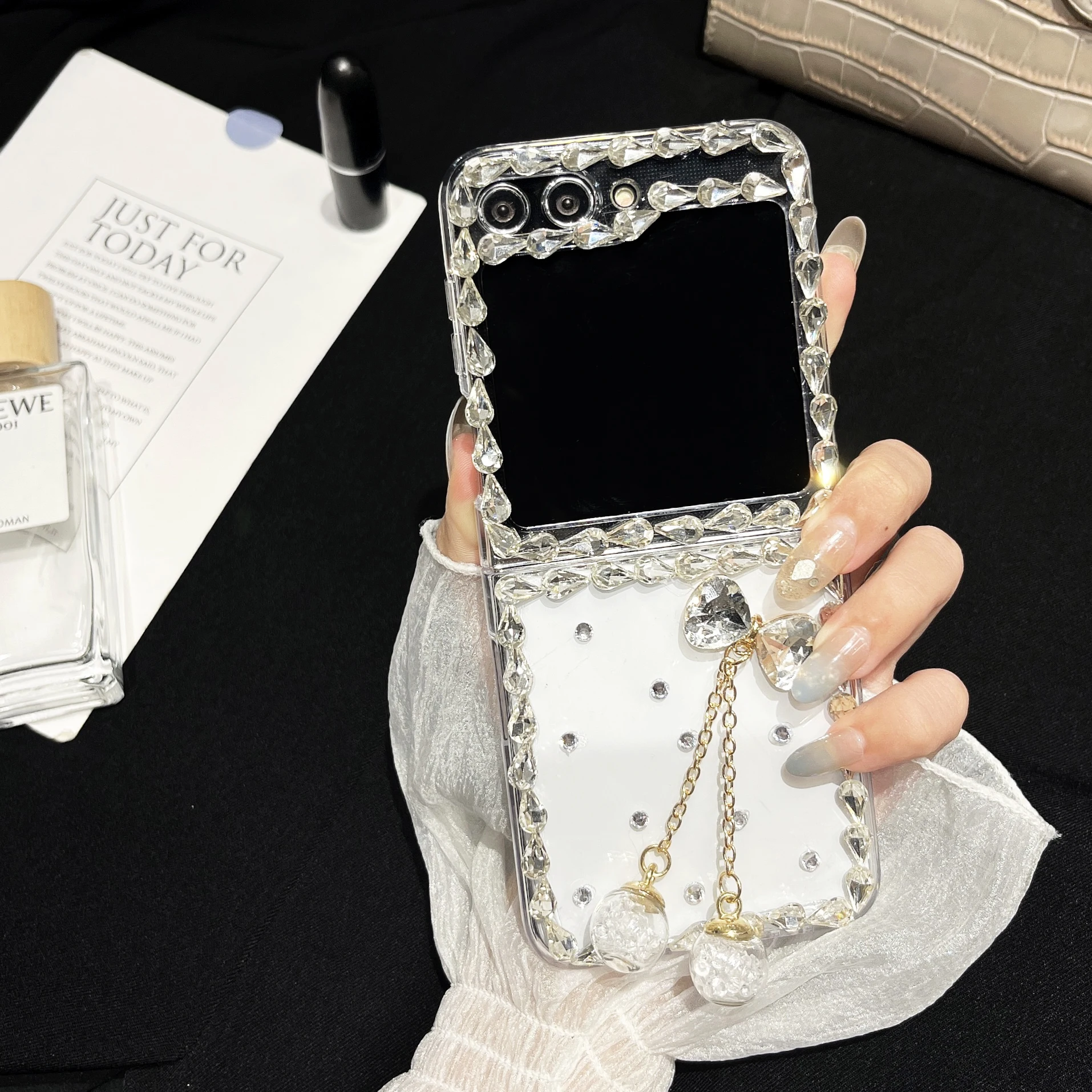 Per Samsung Galaxy Z Flip 5 4 3 Custodia Cute Gitter Diamond Butterfly Pendant Cover Rigida Di Protezione Antiurto Pieghevole Trasparente