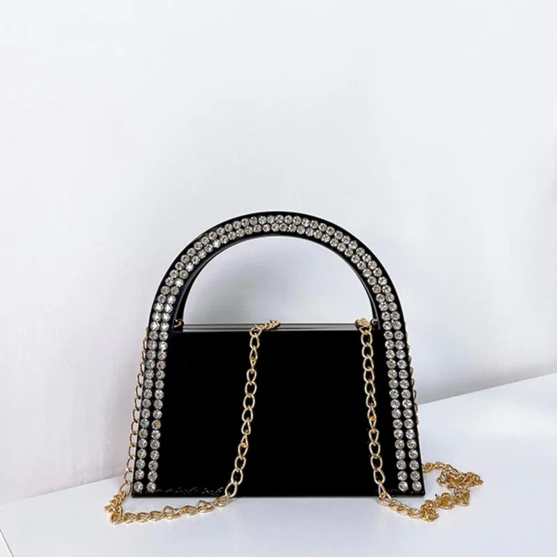 

2024 New Acrylic Chain Women's Crossbody Bags with Black Diamond Inlaid Handheld High-end and Glossy Luxurious Banquet Bag