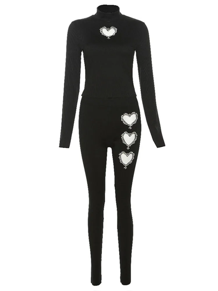 Sifreyr Fashion Trousers Set Turtleneck Long Sleeve Hollow Out Metal Love Top Tight Fit Solid High Waist Pencil Pants Suit