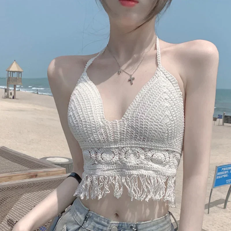 섹시한 보호 해변 휴가 캐미솔 홀터 여성 크로셰 니트 수영복 브라 뒷트임 조끼 구멍 태슬 탱크탑 여성용 크롭탑