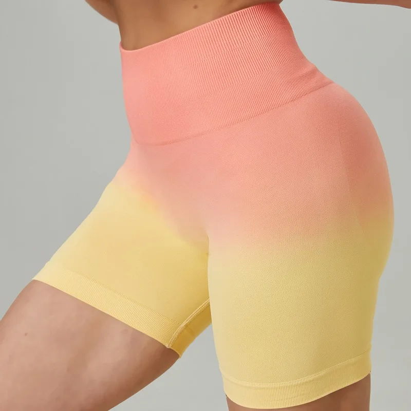 Gradient Colour Wide Waist Sports Shorts Women Slim Workout Running Yoga Shorts Seamless Push Up Tights