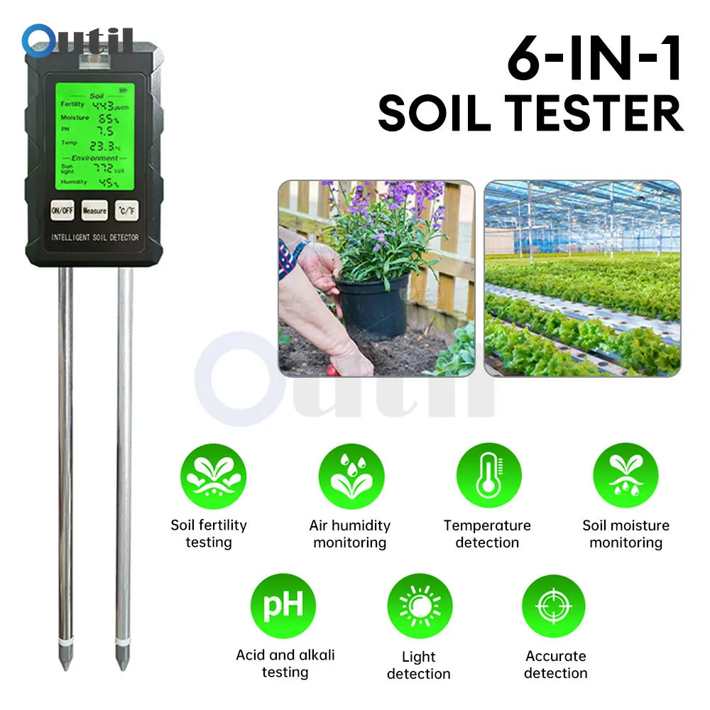 Digital 6 in 1 Soil Moisture Meter Soil Fertility/PH/Temperature/ Ambient Illumination Test Kit Garden Farm Plants Tester