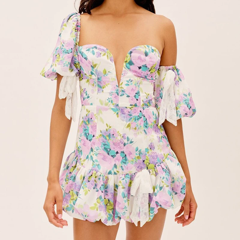 

Puff Short Sleeve Boho Mini Dresses for Women 2022 Summer Fashion V-Neck Fashion Print Wedding Evening Dress Sexy Vestidos