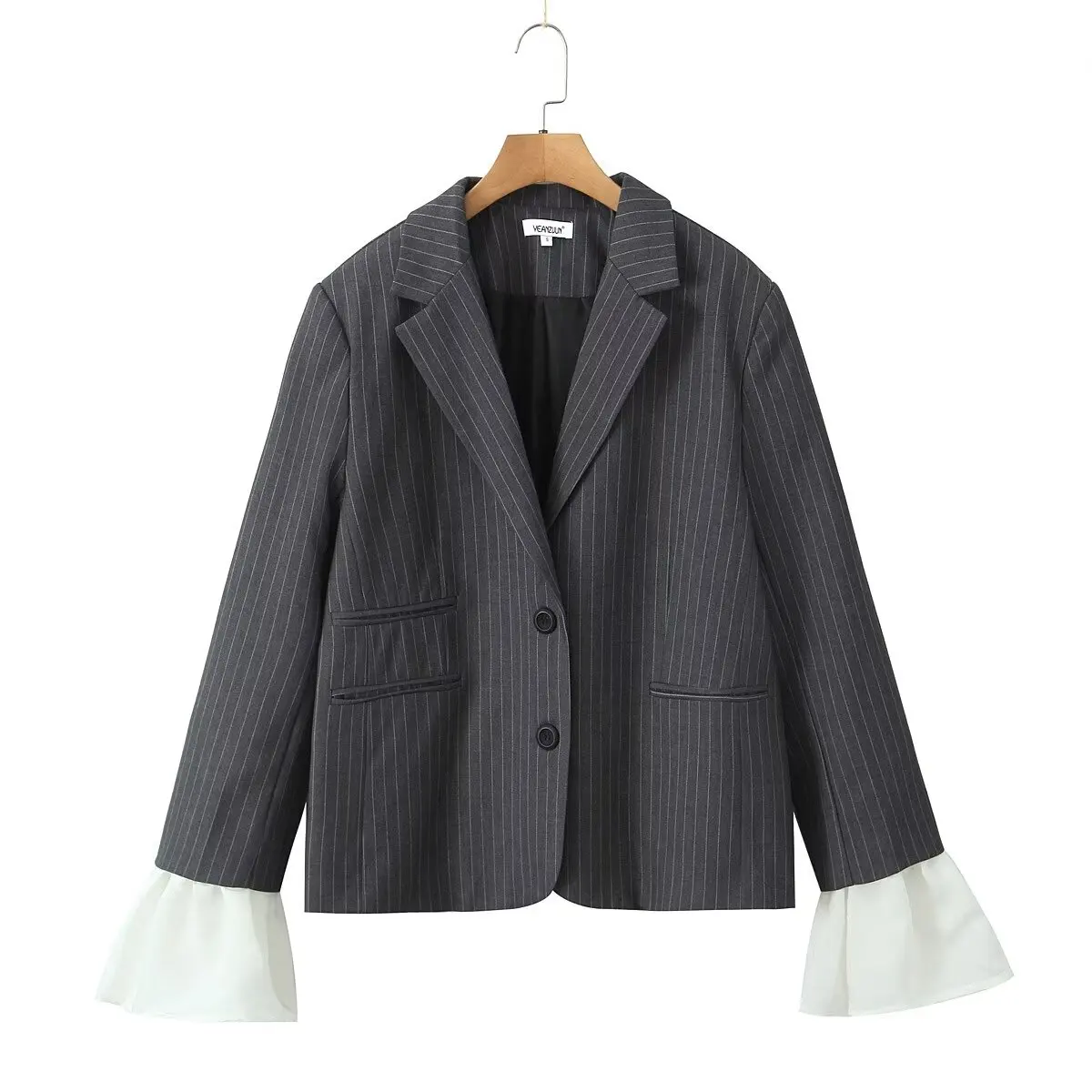 Chill Gray Striped Removable Flare Cuff Blazer Boyfriend Vintage Women Notched Collar Loose Suit Fashion Coat Black