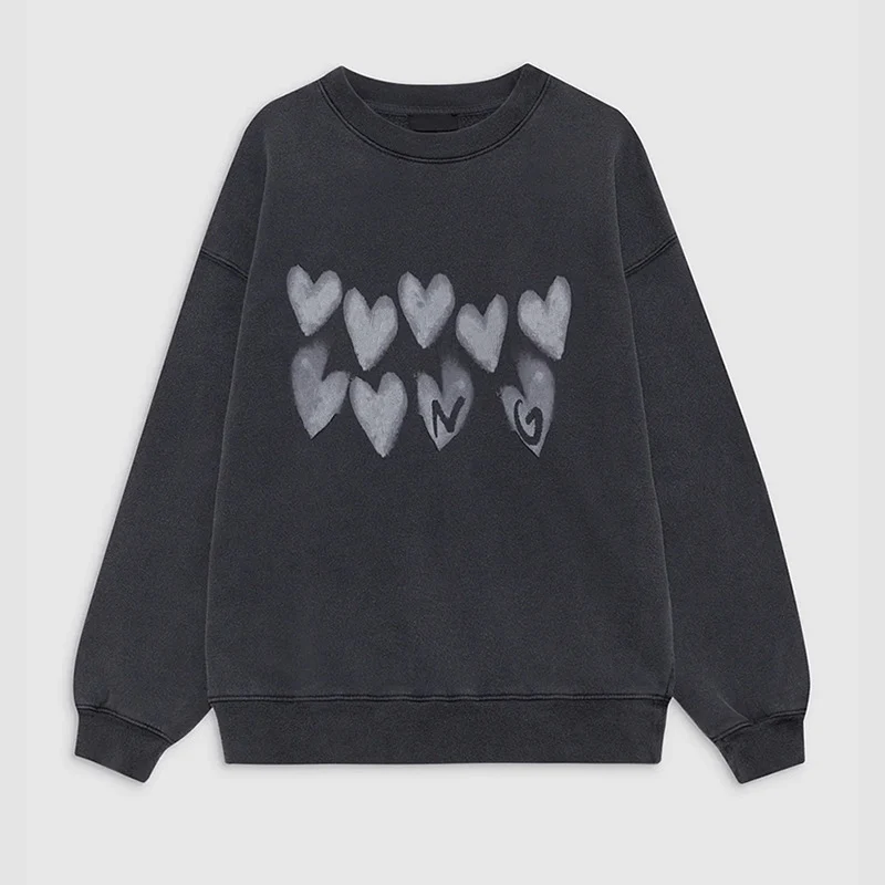 Winter new North American niche AB love letter printed wash water stir fried color distressed black gray women's hoodie 4