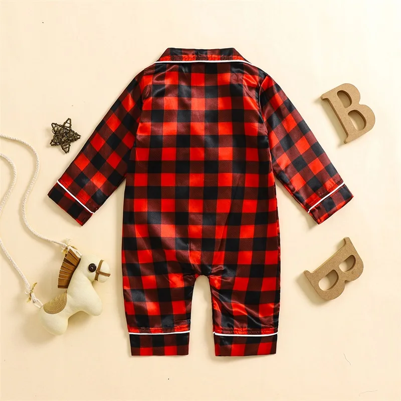 Description Picture 2 of itemBaby Christmas Pajama Bodysuits Plaid Button-down Long Sleeve Lapel Neck Fall Romper