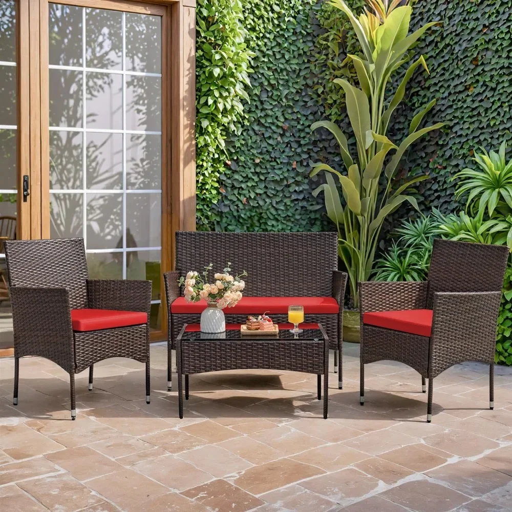 

4 Pieces Patio Rattan Chair Wicker, Outdoor Indoor Use Backyard Porch Garden Poolside Balcony Garden Sofas Red，Garden Sofas