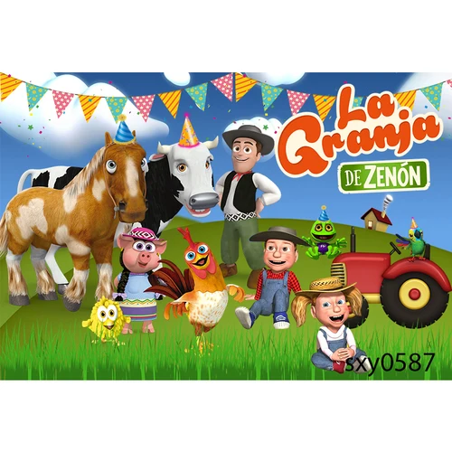 사용자 정의 La Granja De Zenon 배경 어린이 첫 번째 생일 사진 스튜디오 녹색 잔디 농장 헛간 동물 트랙터 사진 배경 4