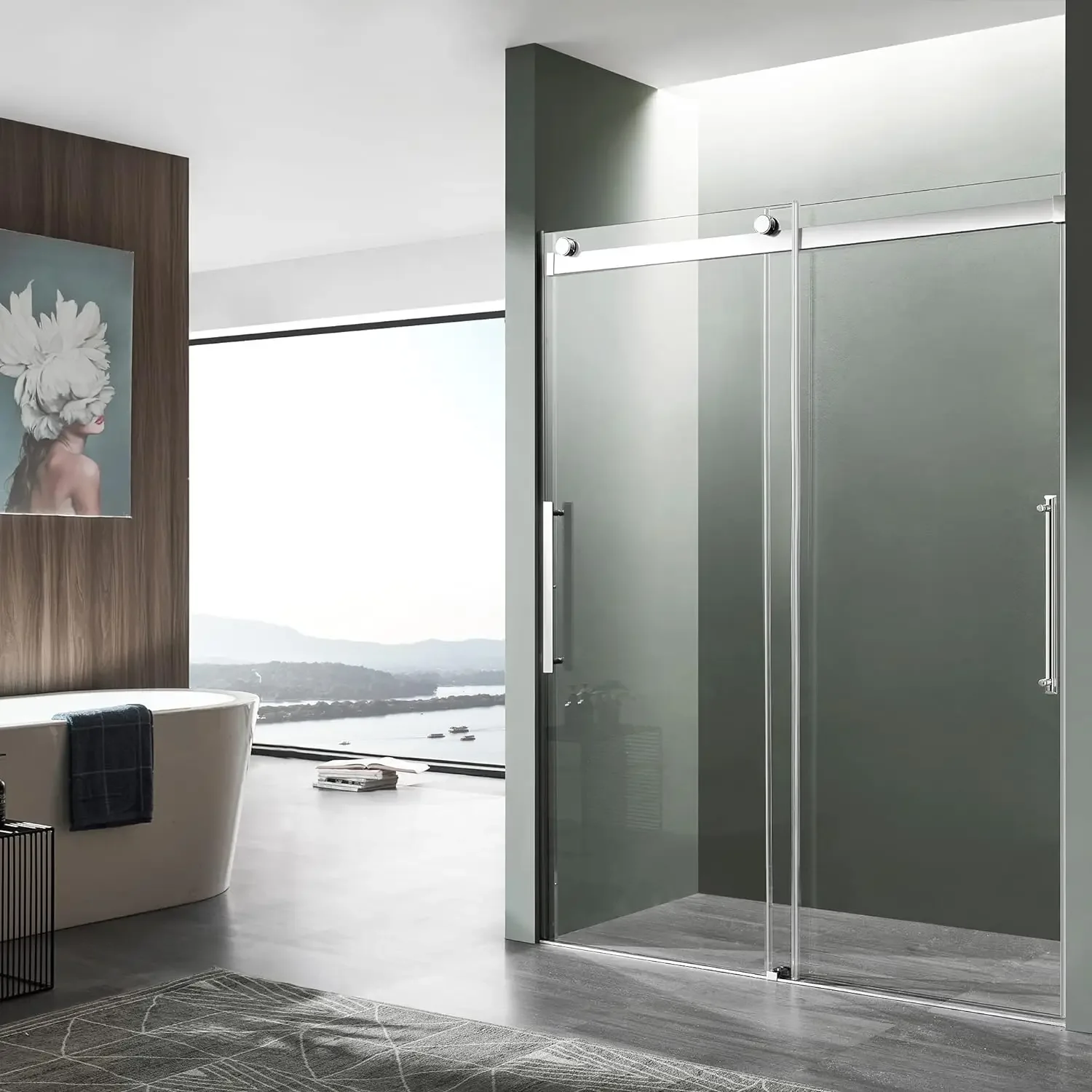76" x 48" Frameless Shower Door in Polished Chrome Stella Water Repellent Glass Shower Door with Seal Strip Parts and Handle