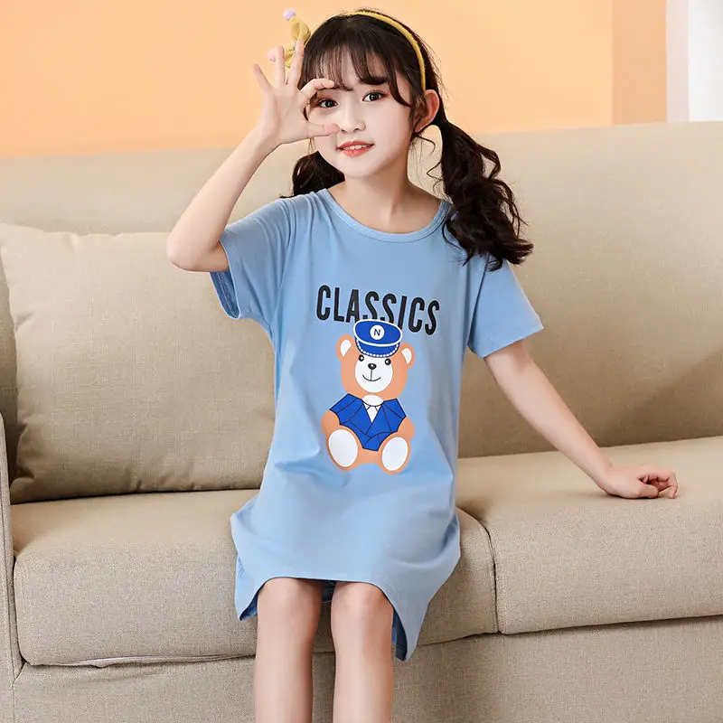 New Summer Girls Cotton Nightdress Baby Pajamas Short-sleeved Kid Girl Sleepwear Large Size Nightgowns for Girl 8 Years 14 Years