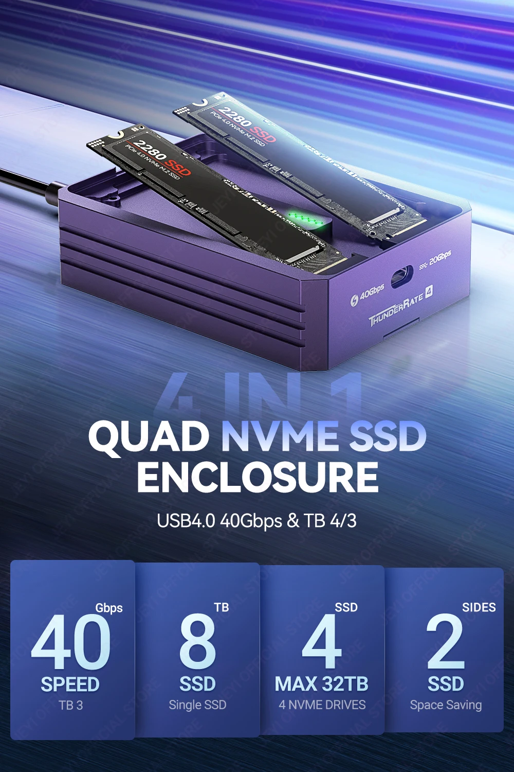 JEYI 4-Bay M.2 NVMe SSD-Gehäuse mit TB 4/3 und USB 4 40 Gbit/s, RAID Soft Support, Hochgeschwindigkeits-Performance-Dockingstation – Detail 1