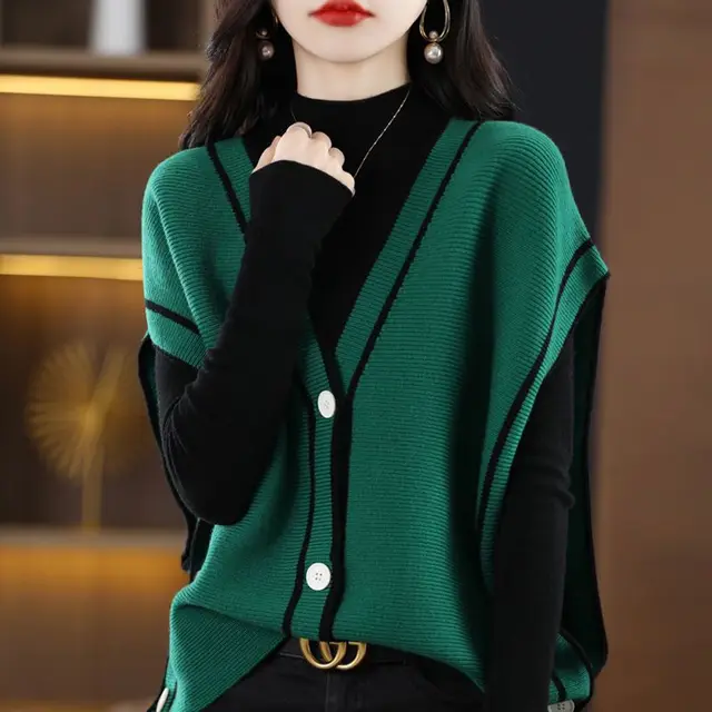 세련되고 편안한 가을을 위한 필수 아이템: 여성 브이넥 배색 니트 카디건