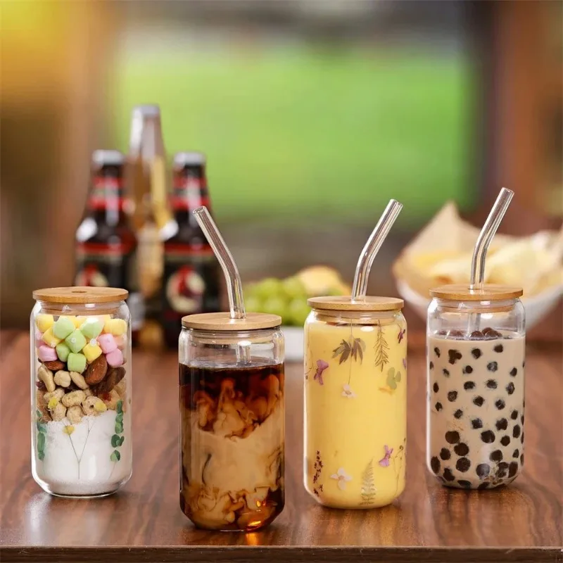 Glass Cup 1/4pcs Set Lid Straw Juice Glass Beer Can Milk Mocha Cup Transparent Bubble Tea High Borosilicate