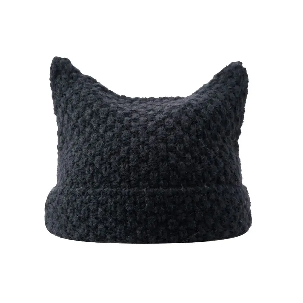 Y2K Harajuku Punk Gothic Knitted Cat Ear Little Devil Hat Millennium Women Kawaii Designer Winter Handmade Beanie Female Caps