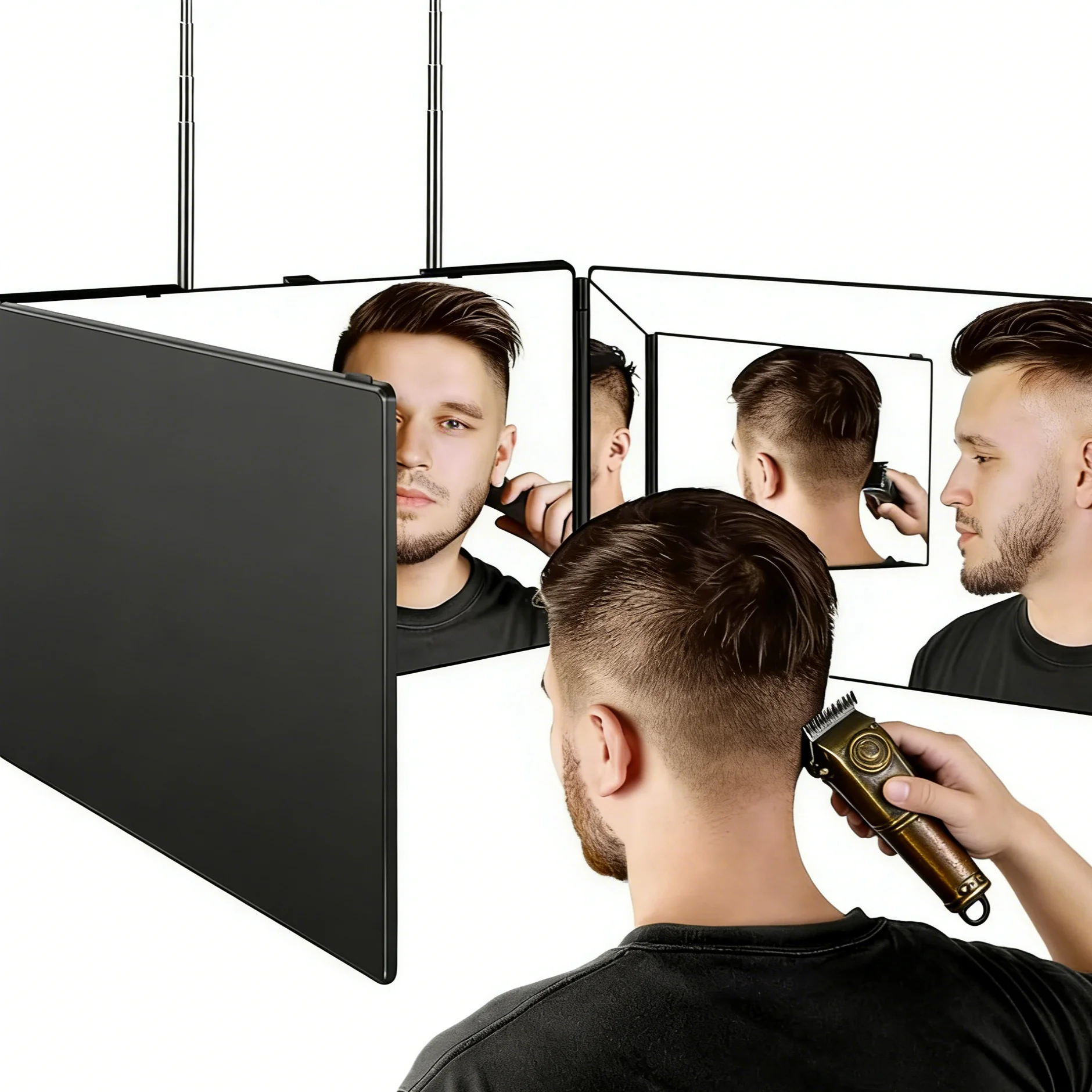 휴대용 360도 회전 삼면 화장 거울, 높이 조절 가능한 텔레스코픽 훅 포함, 헤..