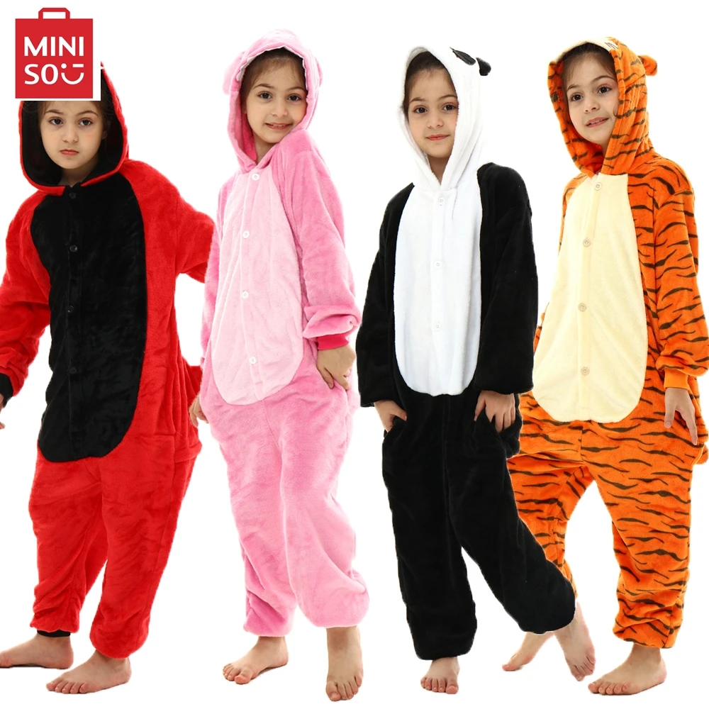 Miniso Boys Girls Animal Pajamas Kids Stitch Dinosaur Panda Cosplay Costumes for Halloween Children Unicorn Kigurumi Onesies