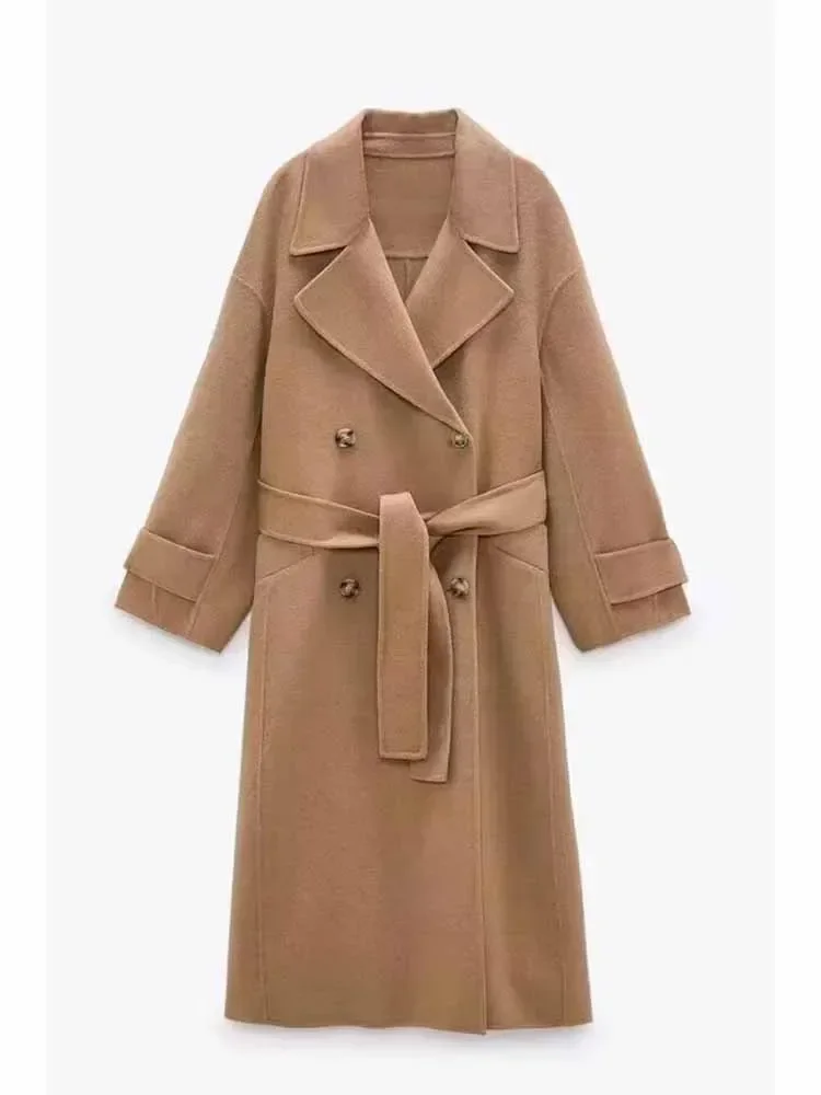 

Women New Fashion With Belt Double Breasted Double sided plush Coat Vintage Long Sleeve Pockets Female Outerwear Chic Overshirt