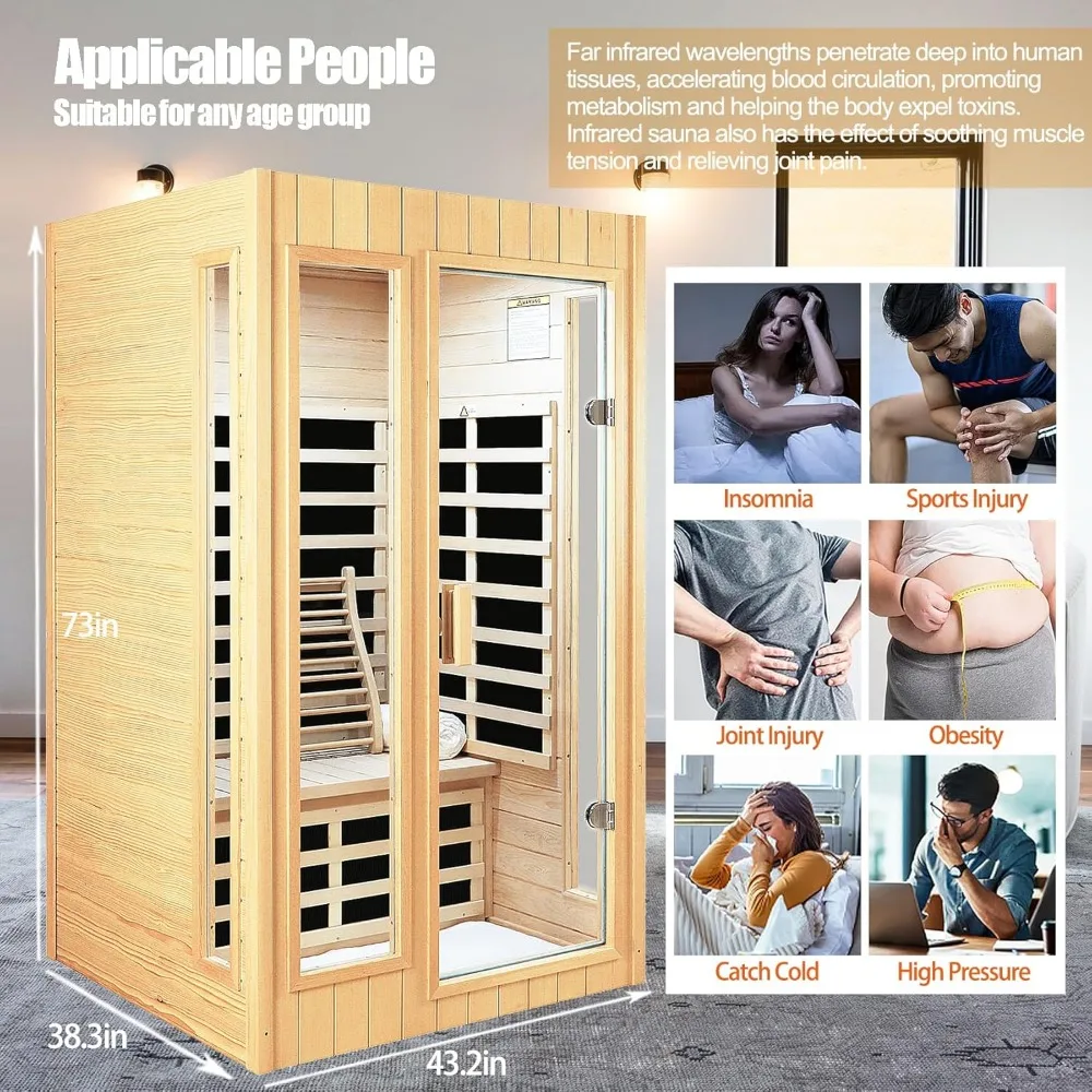 2 Person Sauna,Low EMF Far Infrared Sauna, 1500W Hemlock Wood Sauna Indoor Sauna Infrared Sauna for Home with Bluetooth Speakers 5