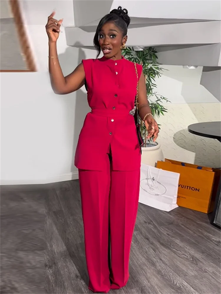 Wmstar Two Piece Set for Women Long Pants Stand Up Collar Button Sleeveless Waist Tie with Wide Legs Wholesale Dropshipping 2024