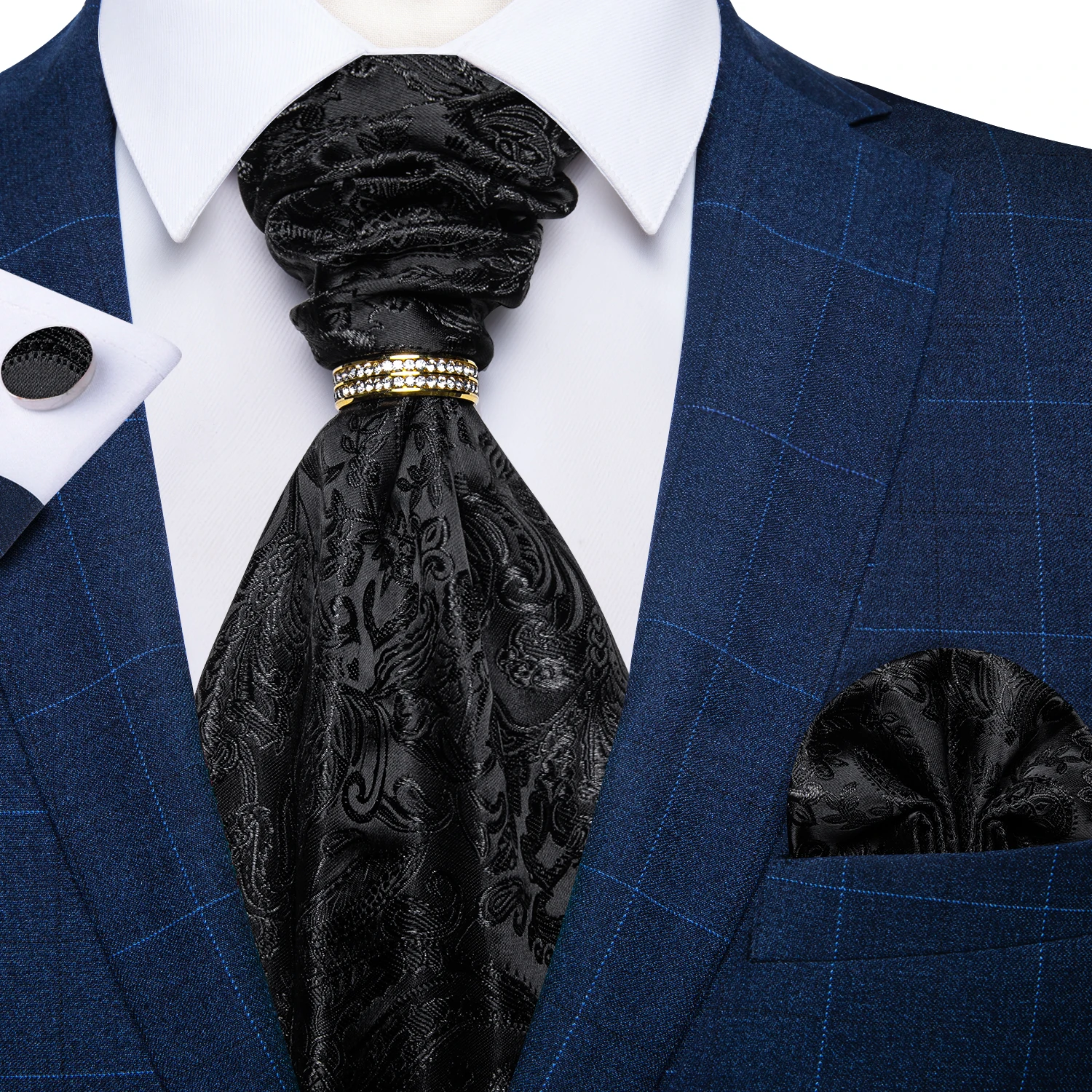 DiBanGu Mne's Black Paisley Ascot mit goldenem Ring, Einstecktuch, Manschettenknöpfe, luxuriöse Hochzeit, Party, einzigartige Krawatte, Corbatas Para Hombr – Detail 2