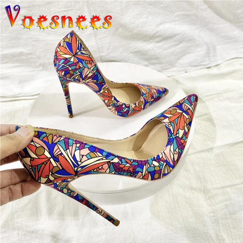 

Fragmented Flowers Satins High Heels Fashion Model Show Pointed Toe Pumps 10CM Colorful Single Shoes Women's Wedding Stilettos