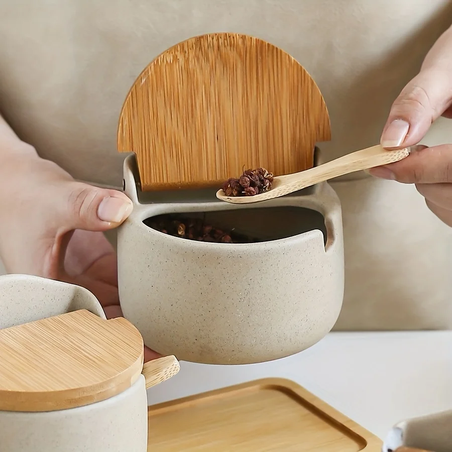 Beige Ceramic Seasoning Jar with Bamboo Lid Kitchen Spice Container Household Salt and Sugar Bowl Set Seasoning Storage Box 3