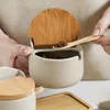 Beige Ceramic Seasoning Jar with Bamboo Lid Kitchen Spice Container Household Salt and Sugar Bowl Set Seasoning Storage Box 3