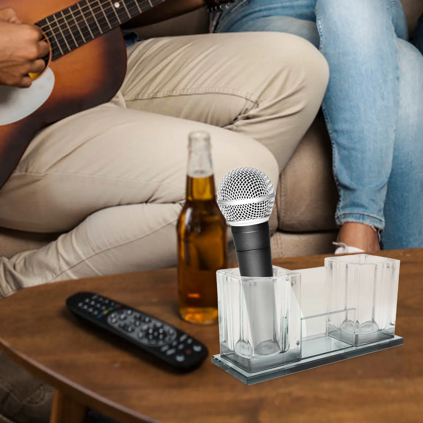 안정적인 2슬롯 아크릴 데스크탑 마이크 스탠드, 헤비 베이스 마이크 홀더 (사무실, 가정, 스튜디오, 테이블탑 무선/유선 마이크용)