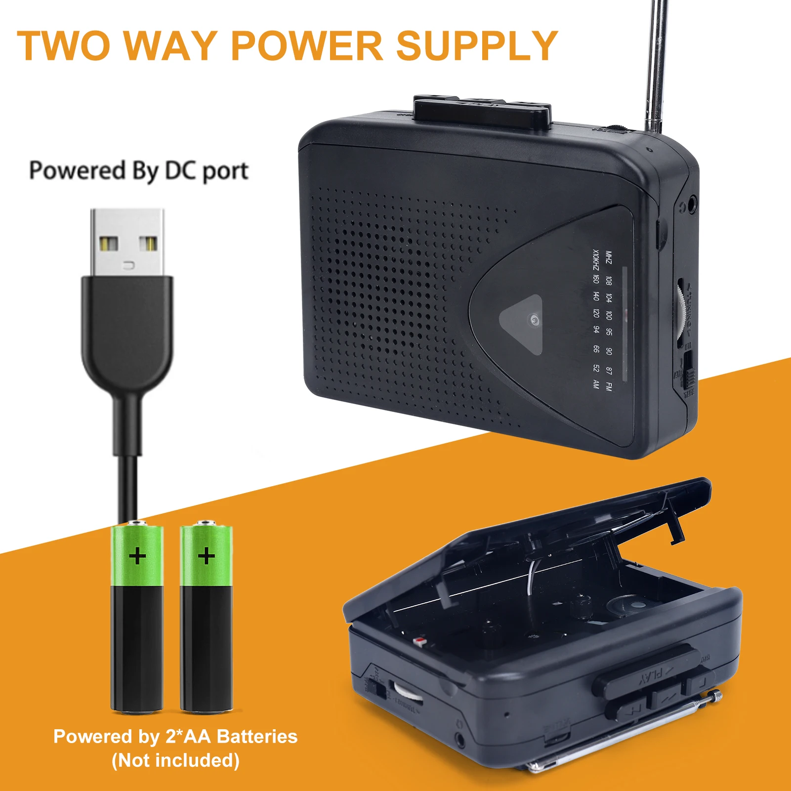 Cassette Player Walkman Portable Speaker Multiple Power Supply Methods AM/FM Radio Function for Music Lovers cassette player