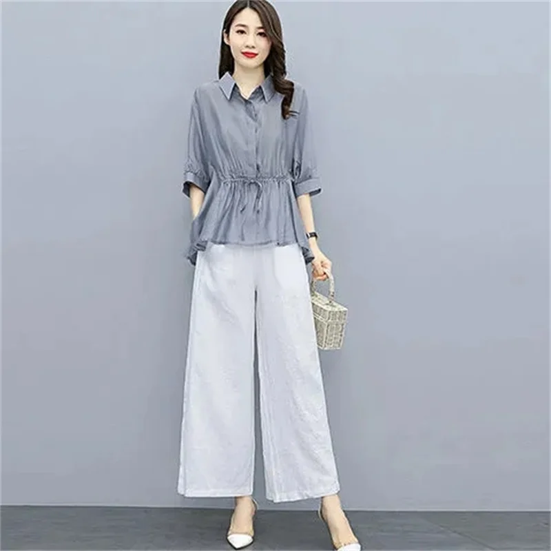 Fashion Cotton and Hemp Suit Female 2023 Spring and Summer New Temperament Foreign Air Age-Reducing Wide-Leg Pants Two-piece Set