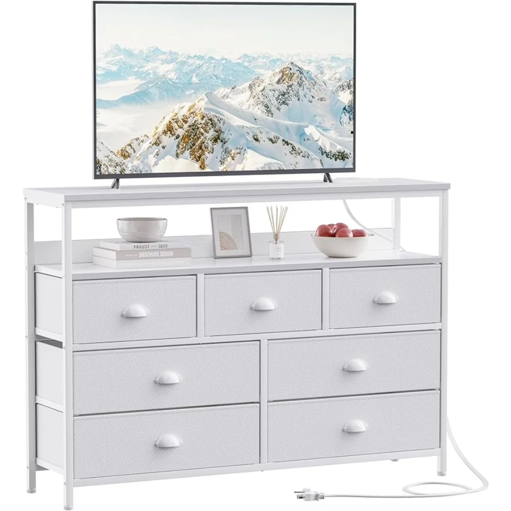 

White TV Console Table With Power Outlets Bedroom Furniture for Television TV Stand With 7 Fabric Drawers and Shelves Bookshelf