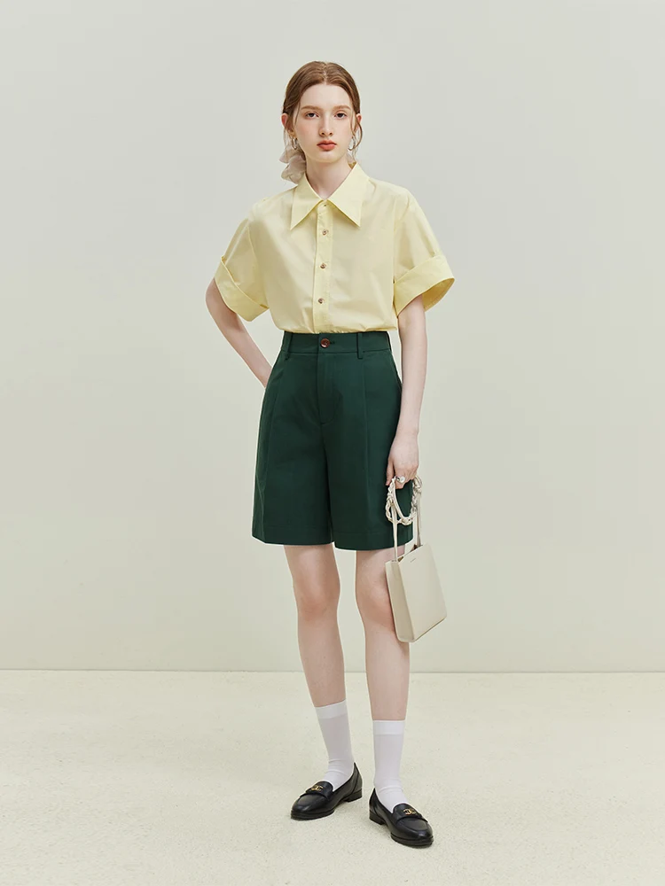 FSLE Casual Commuting High Waist Thin Straight Shorts for Women Summer Newly 100% Cotton Solid Color Pants Shorts Female