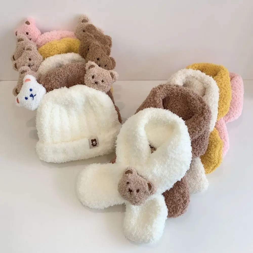 2Pcs Cartoon Bear Baby Winter Hat Scarf Set Children Warm Scarves Plush Knit Cap Thick Ear Protection Infant Beanie for Girl Boy