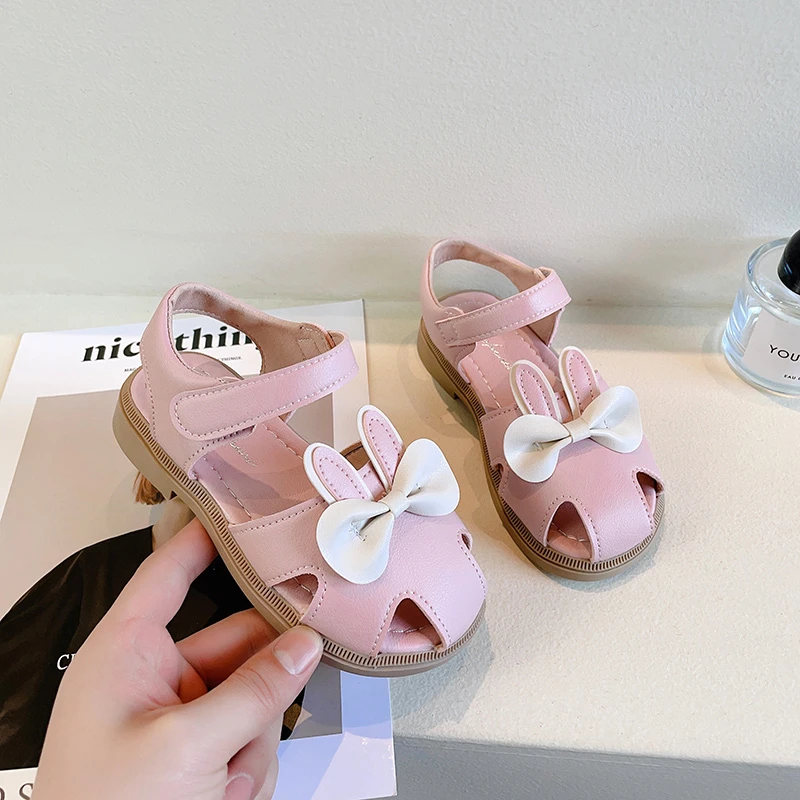 Girls Sandals Children Fashion Flat Peep-toe Bunny with Bow Color Matching Baby Princess Casual Shoe 2023 New Breatheable Simple