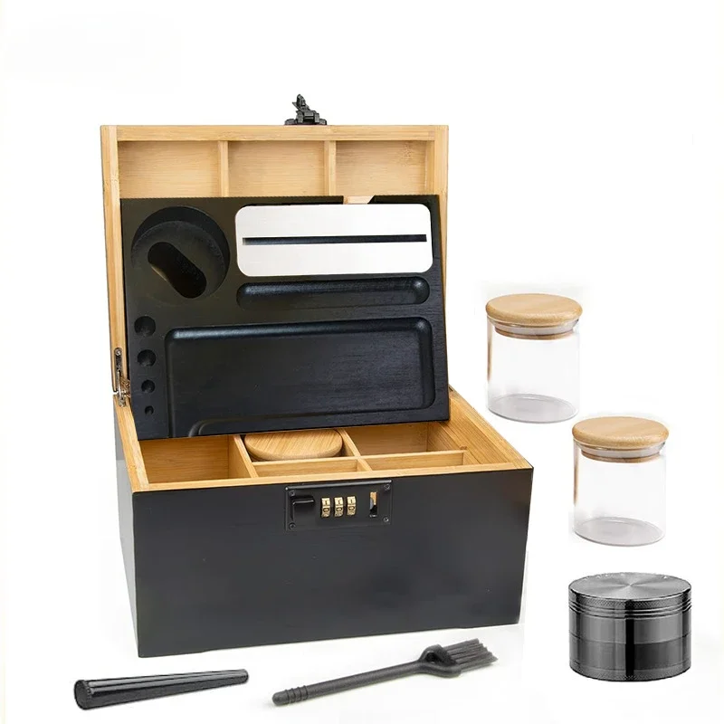 Bamboo storage box with combination lock, large bamboo combination box storage box, glass jar and herb grinder, Christmas gift 3