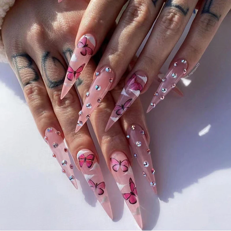 24pcs False Nails With Glue Almond Pink Butterfly Design Detachable Rhinestones Acrylic Fake Nails Long Stiletto Press On Nails False Nails Aliexpress