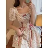 Summer Fresh Floral Print Dress with Lace Trim Bubble Sleeve Butterfly Knot Tie Mini Skirt Polyester Fiber round Neck Short Slee