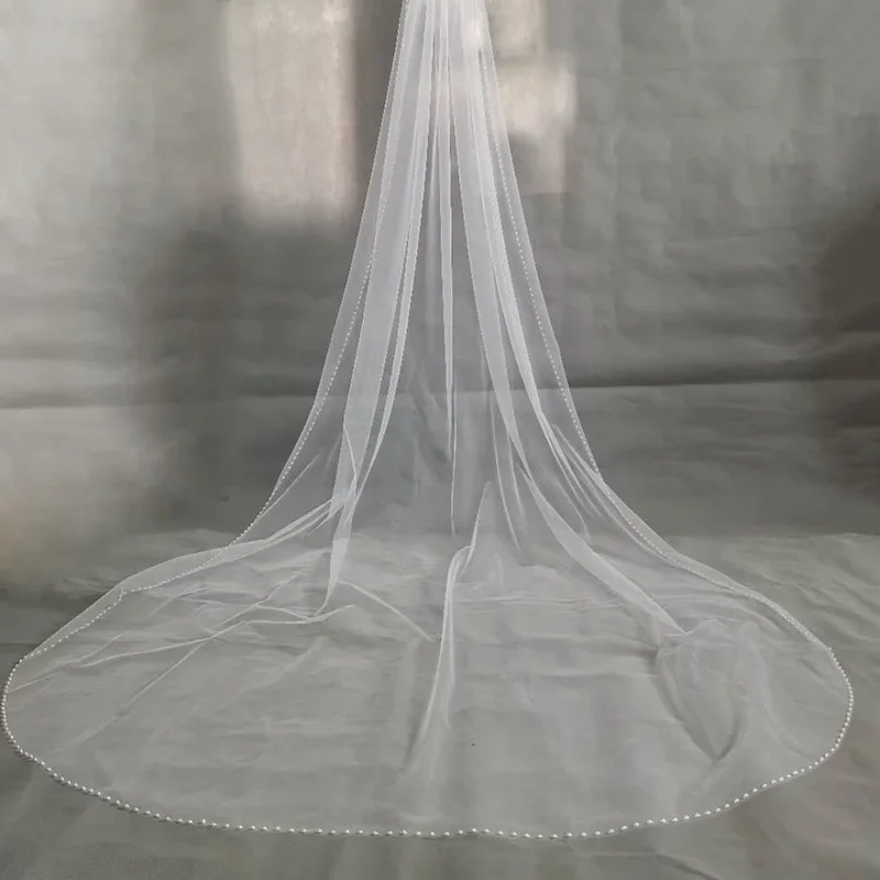 White Champagne Ivory 1 Tier Cathedral Wedding Veil Crystal Edge Beaded Trim with Comb