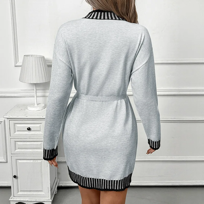 Robe pull tricotée rayée manches longues col mi-haut hiver – Image 4