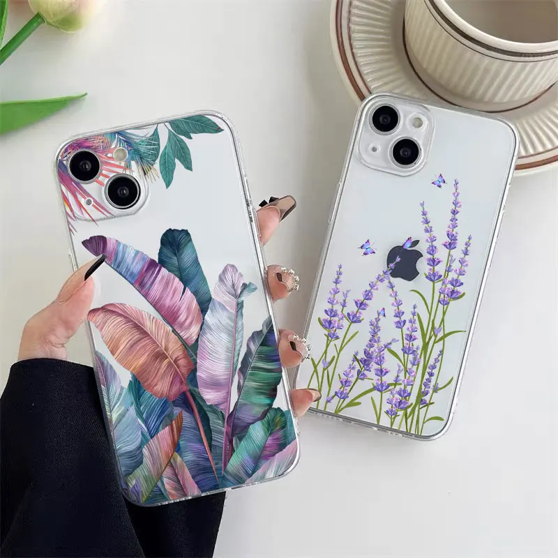 Floral Palm Leaf Painted Soft Silicone Phone Case - Ultra Clear and Durable Design