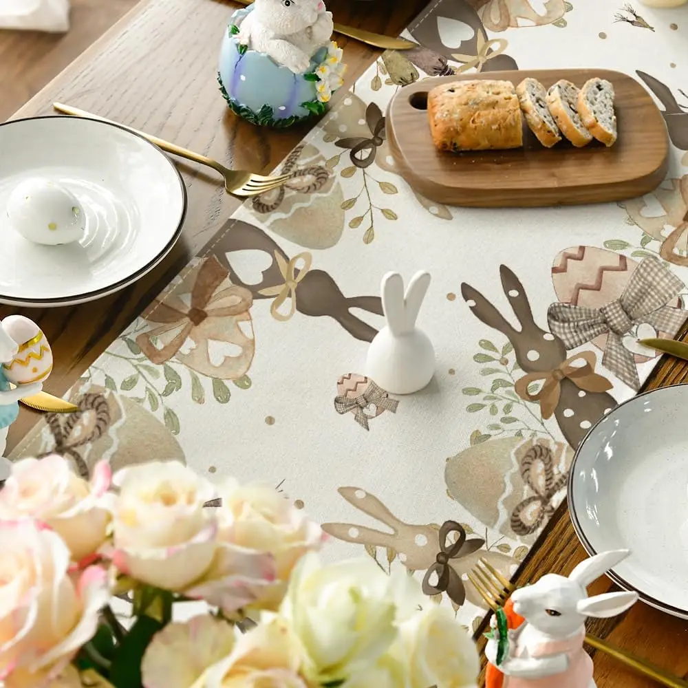 Easter Bunny Egg Carrot Bowknot Leaves Linen Table Runner Party Decor Spring Kitchen Dining Table Runner Easter Decorations 5