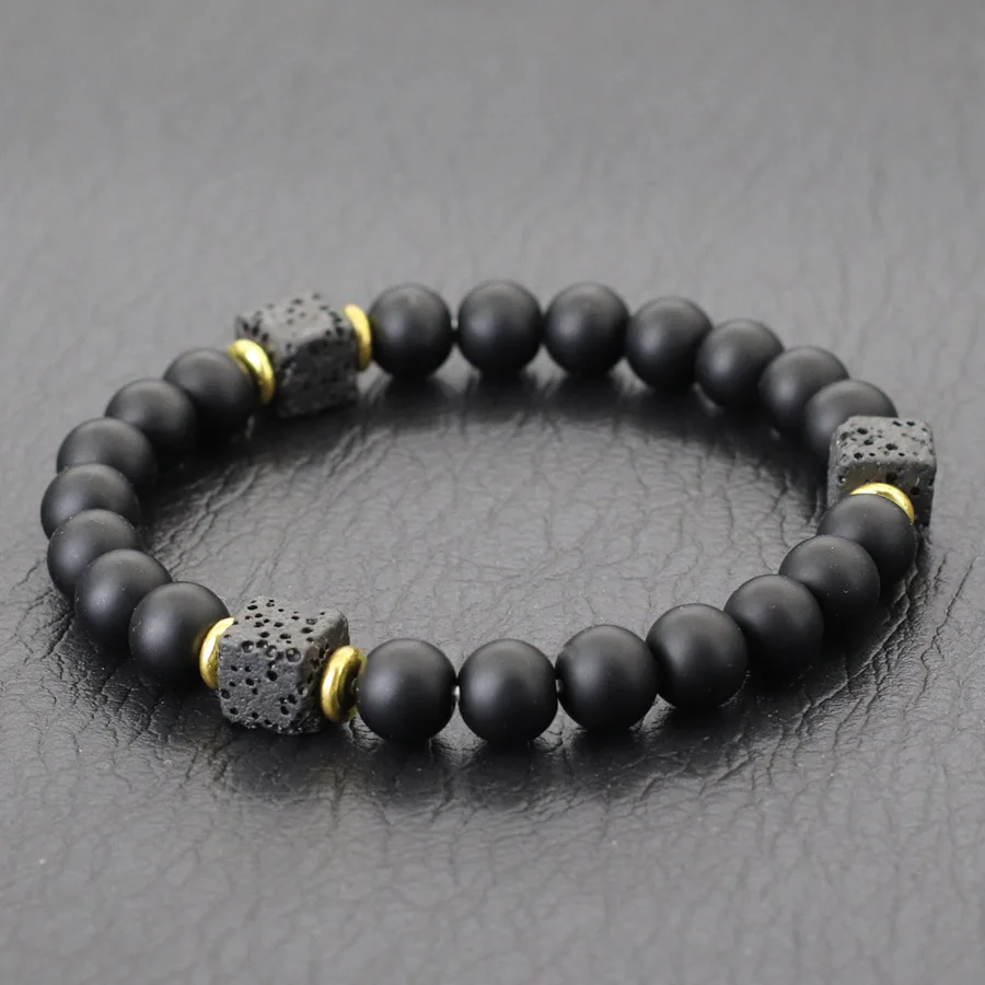 Natural Stone Obsidian Men Bracelet 8mm Volcanic Rock Meditation