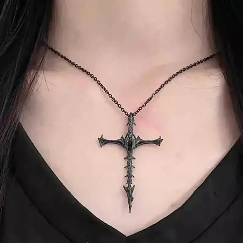 Dark Gothic Punk Style Vintage Skull Skeleton Cross Pendant Necklace Unisex Silver Black Hip-Hop Chain Fashion Jewlery Gifts