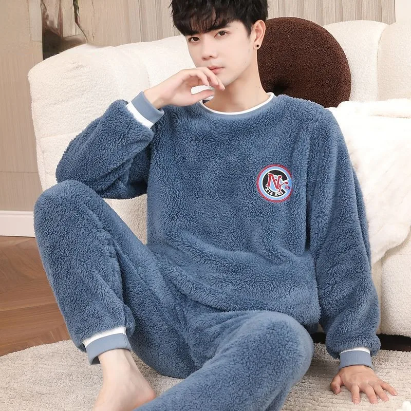 2024 New Pajama Men Winter Flannel Plus Thick Velvet Sleepwear Warm Spring Autumn Loungewear Loose Coral Velvet Homewear Suit