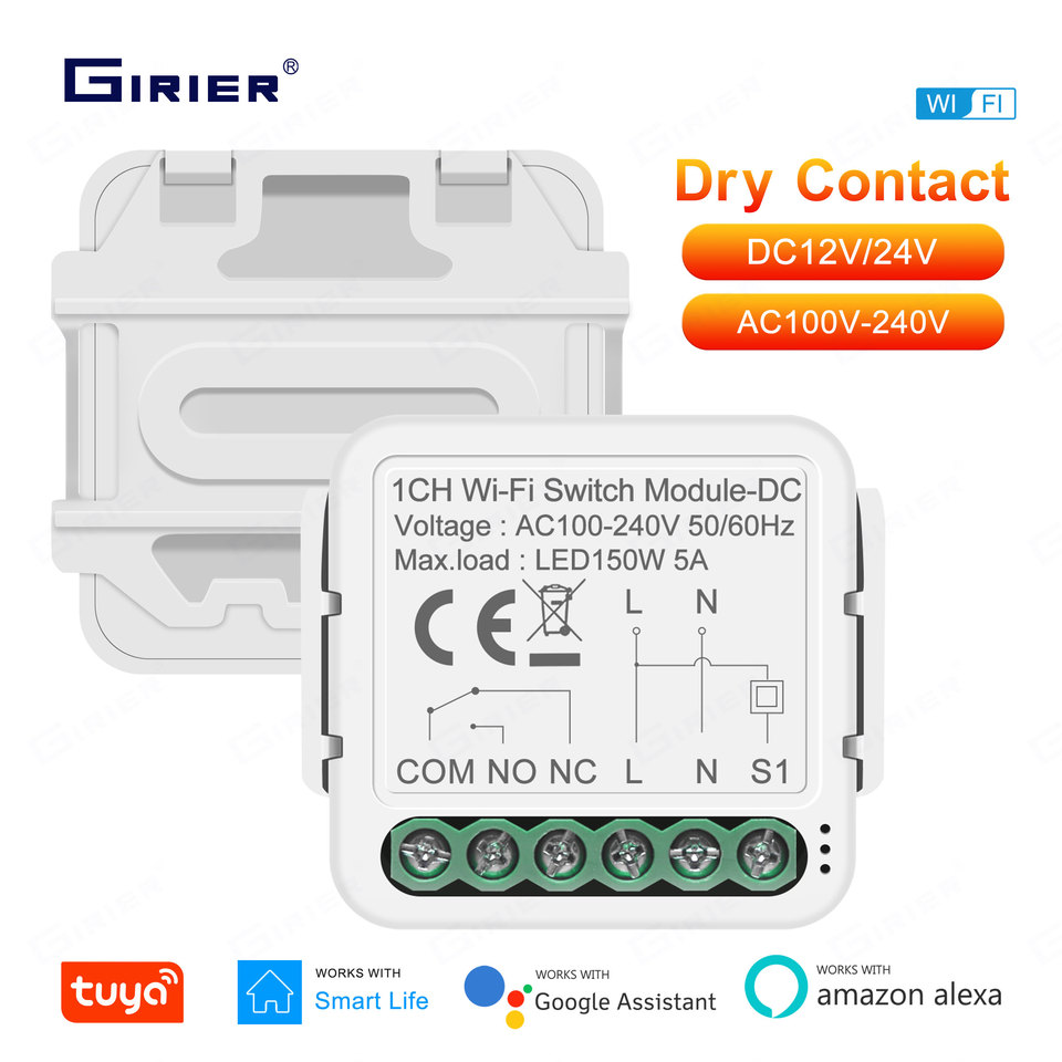 Girier Wifi Switch Module Dry Contact Smart Home Diy Breaker Relay 5a Dc 12/24v Ac 100-240v Works With Alexa Hey Google Alice - Switches