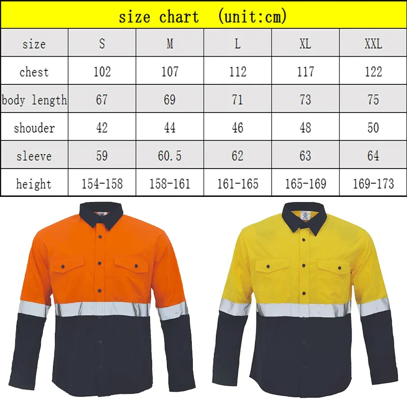 Hi Vis 긴팔 작업복 셔츠, 주머니가 있는 남성용 안전 작업 셔츠, 전면 100% 코튼 버튼