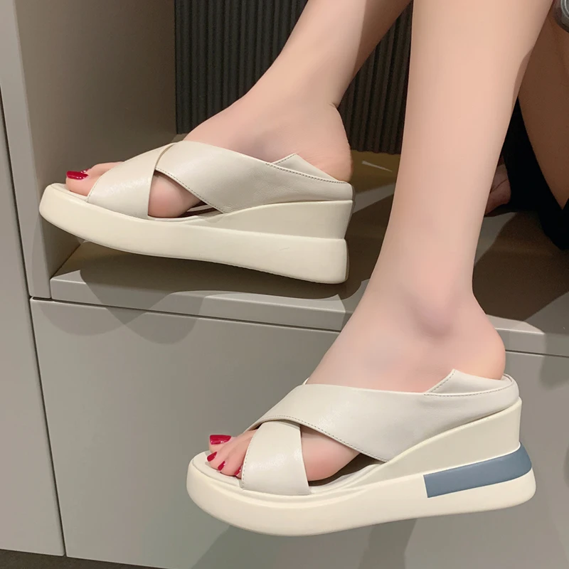 Lucyever 2022 Summer Wedges Sandals for Women Cross Strap Thick Bottom Casual Shoes Woman Open Toe Pu Leather Sandalias Female