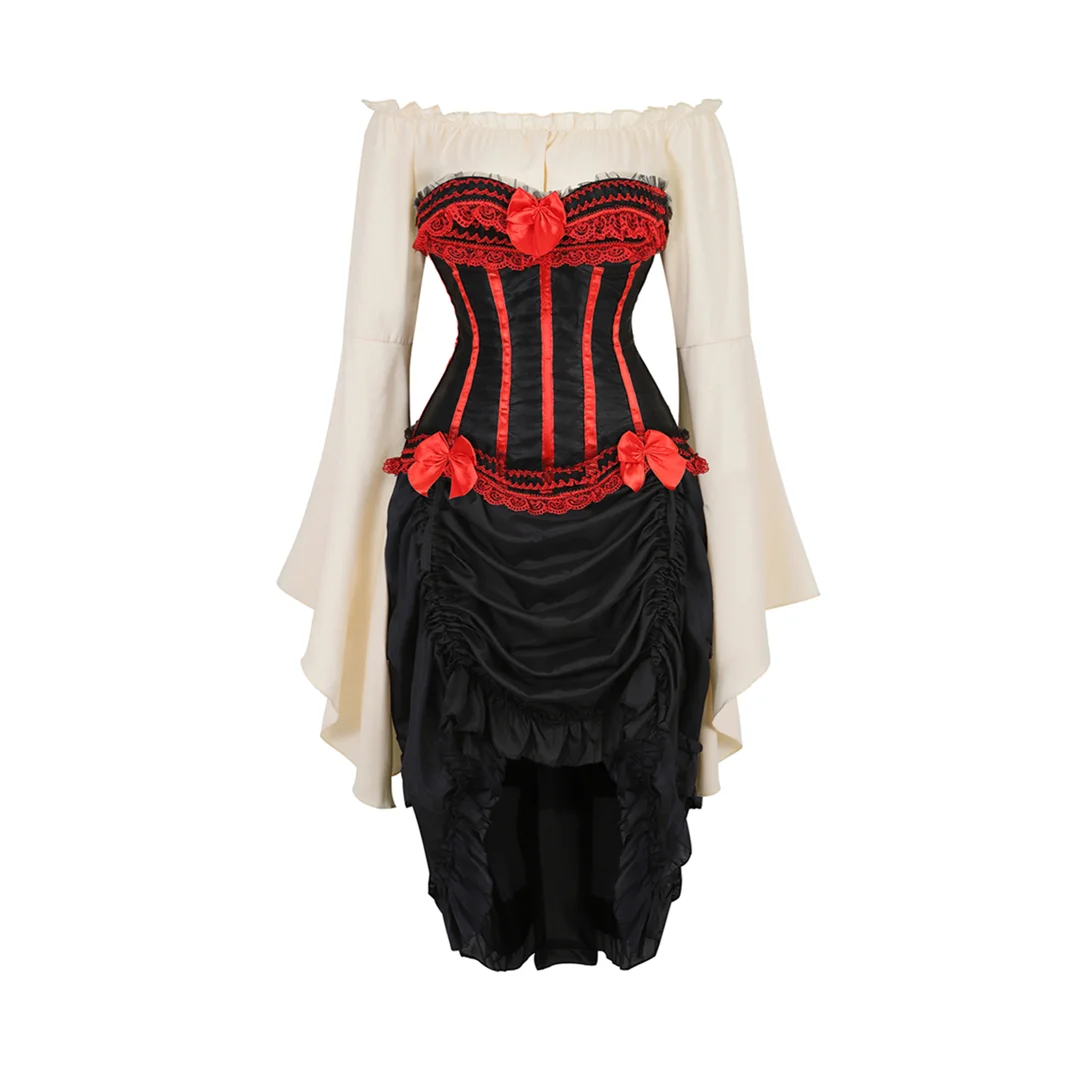 

Three-Piece Victorian Corset Mujer Dress Straps Long Sleeve Gothic Pirate Skirt Sets Vintage Dancing Clubwear Medieval Costumes