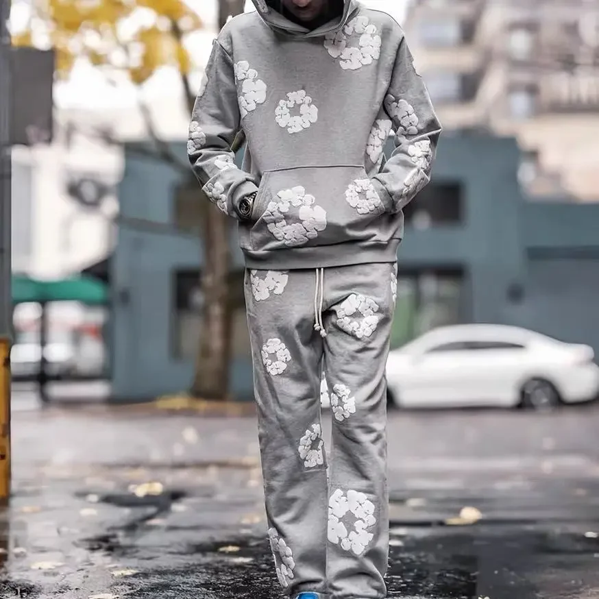 Top Quality New Men's Women's Same Foam Kapok Printing Long-sleeved Fleece Hooded Sweater Casual Loose Sweatpants Set 4